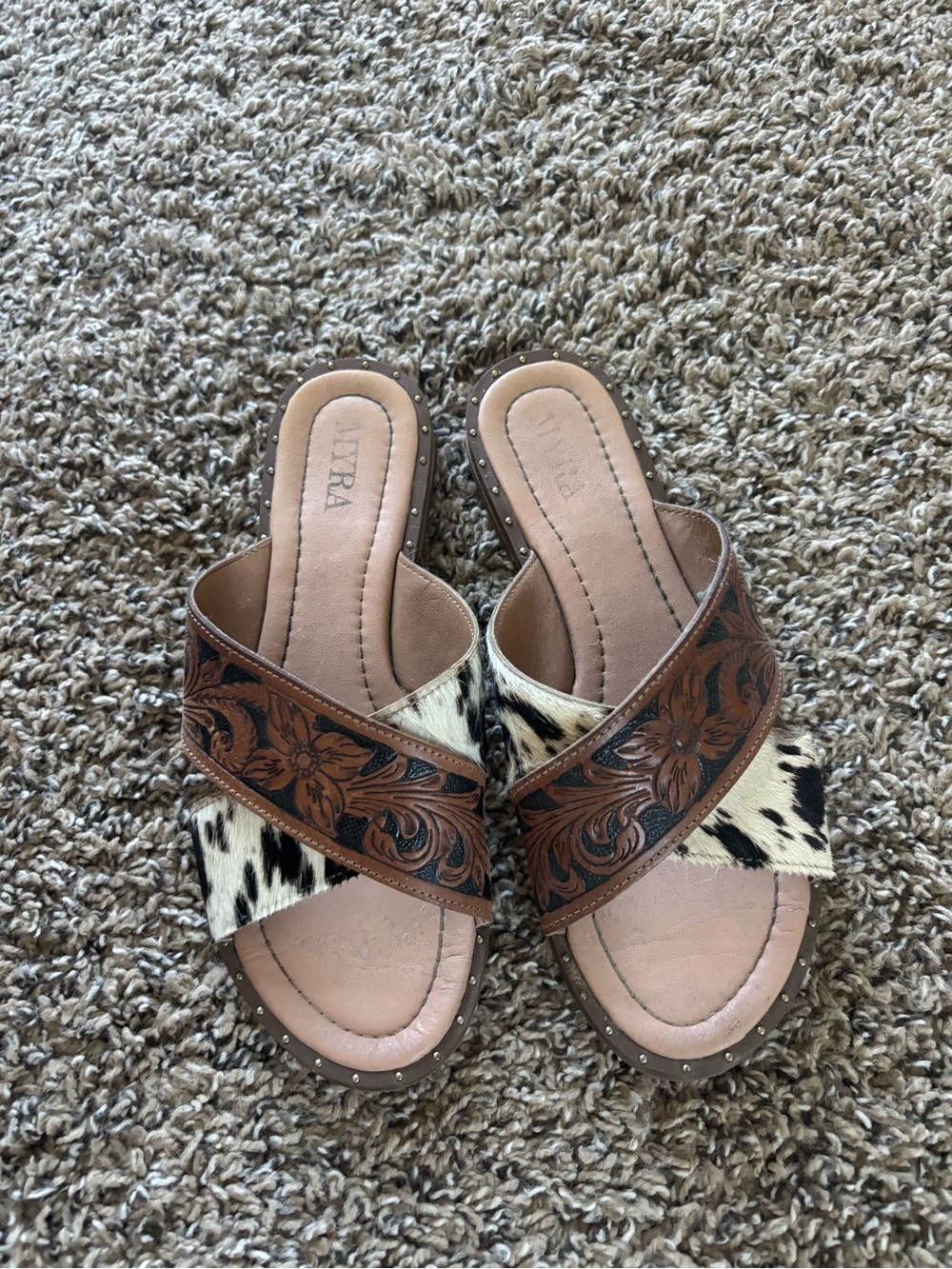 Myra Bag Tan Tooled Leather & Black White Cowhide Slide Sandals - Picture 2 of 2